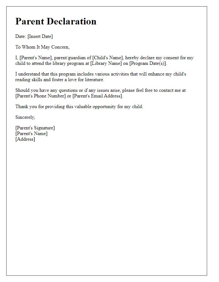 Letter template of parent declaration for attending library program