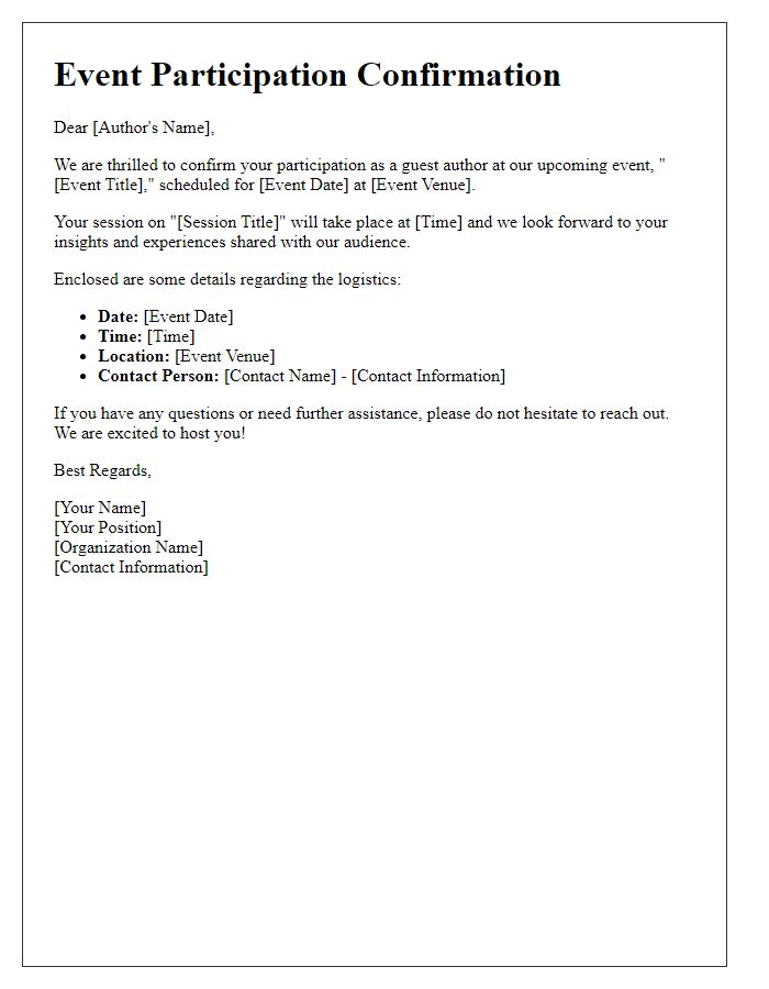 Letter template of guest author event participation confirmation