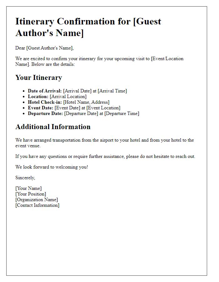 Letter template of guest author itinerary confirmation