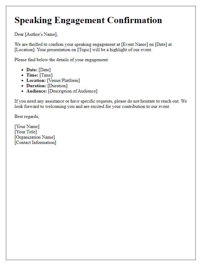 Letter template of guest author speaking engagement confirmation