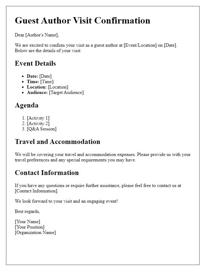 Letter template of guest author visit details confirmation