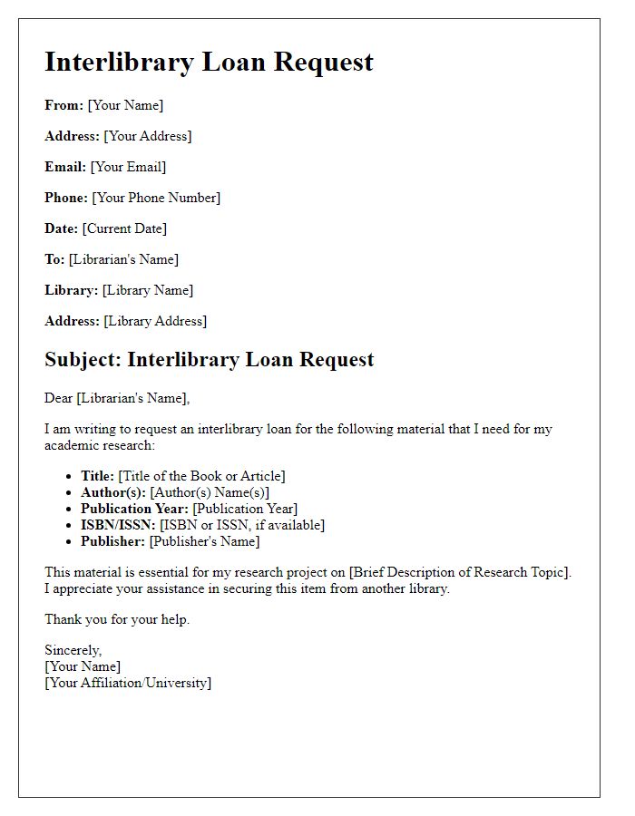 Letter template of interlibrary loan request for academic research.