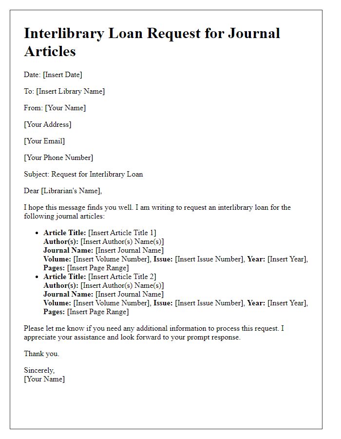 Letter template of interlibrary loan request for journal articles.