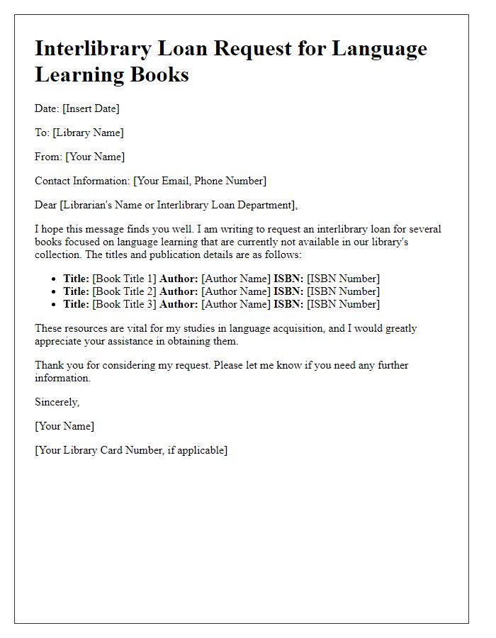 Letter template of interlibrary loan request for language learning books.