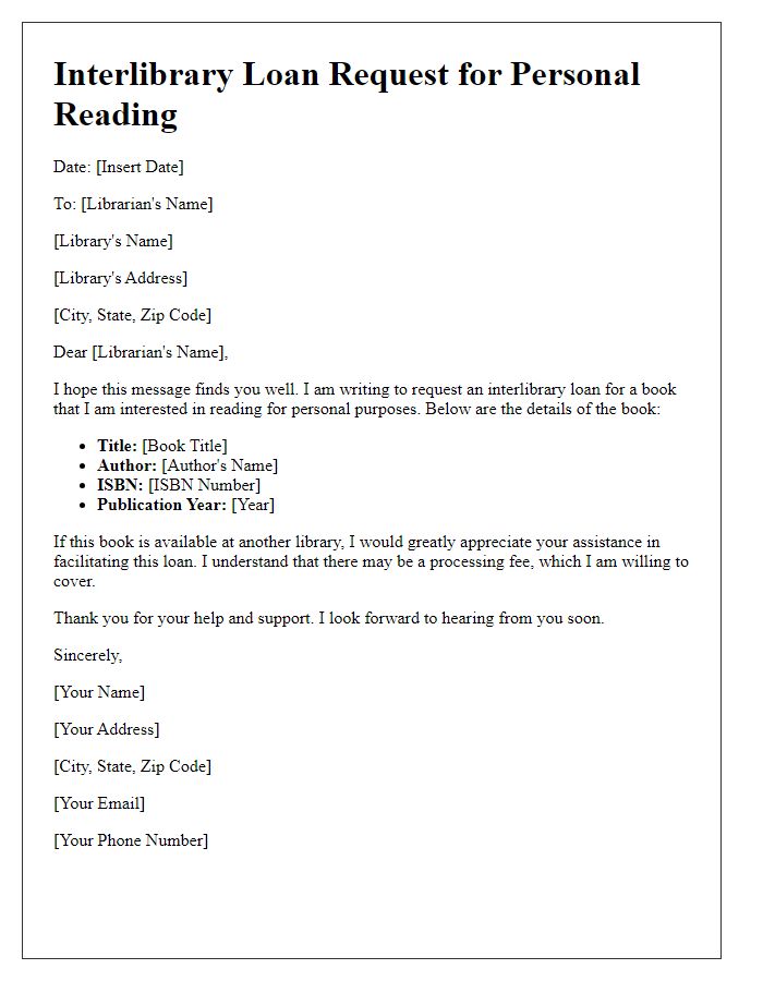 Letter template of interlibrary loan request for personal reading.