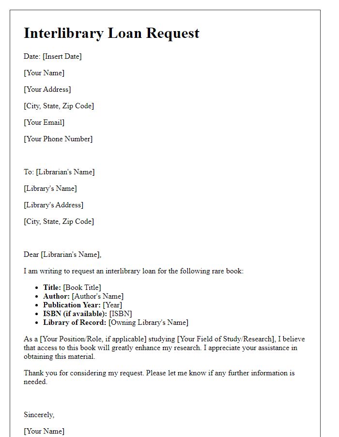 Letter template of interlibrary loan request for rare book access.