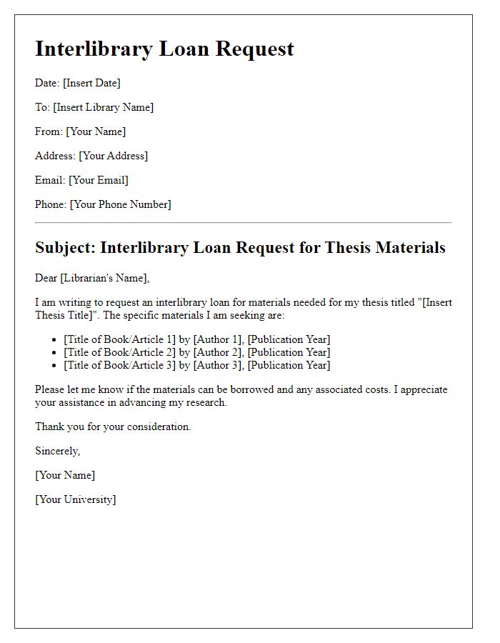 Letter template of interlibrary loan request for thesis materials.