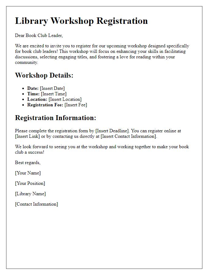 Letter template of library workshop registration for book club leaders.