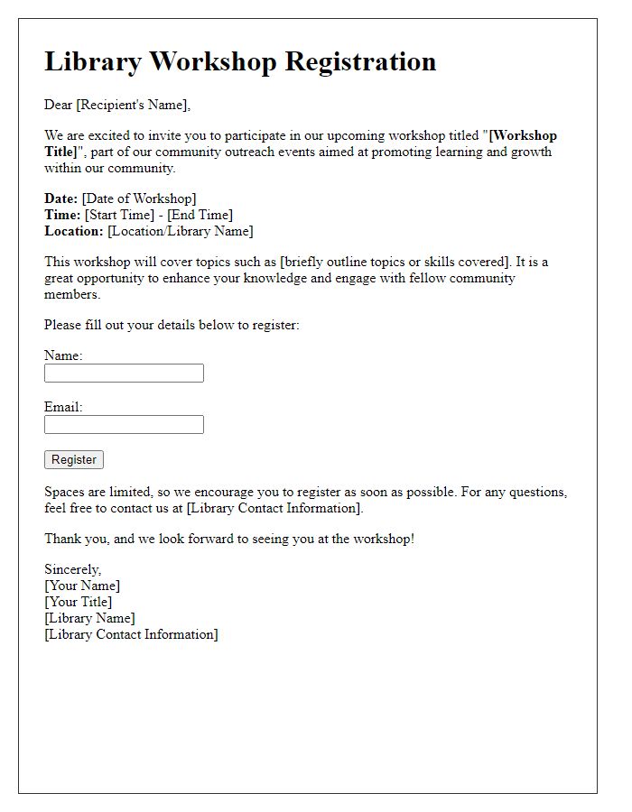 Letter template of library workshop registration for community outreach events.