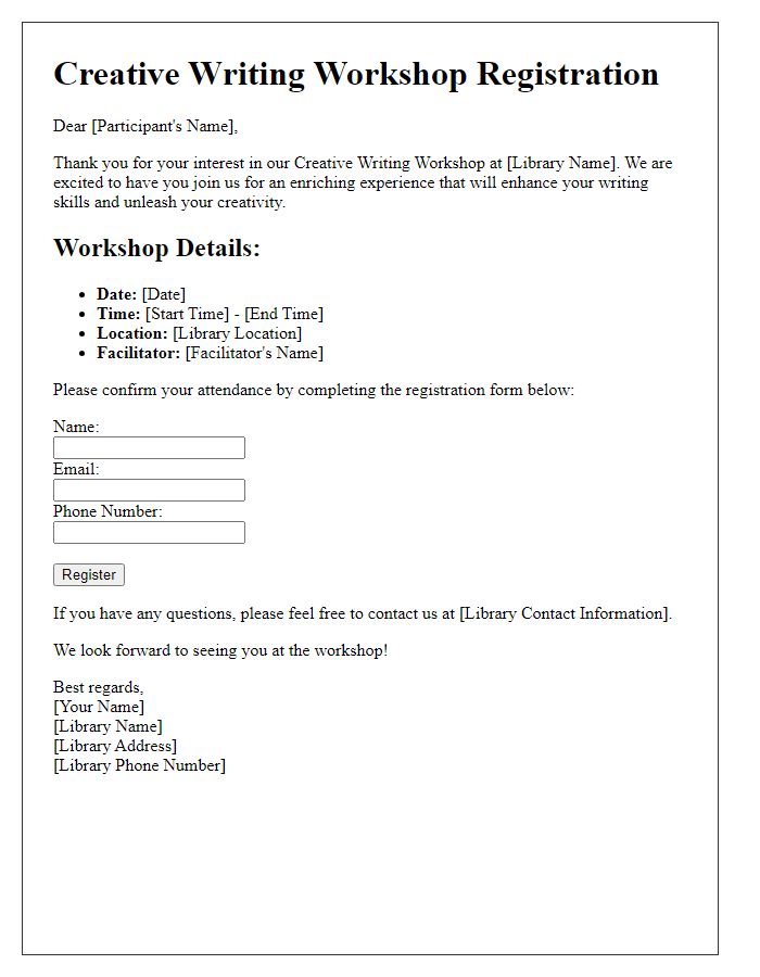 Letter template of library workshop registration for creative writing sessions.