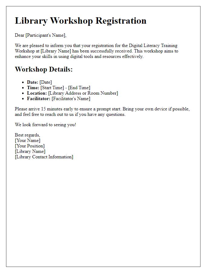 Letter template of library workshop registration for digital literacy training.