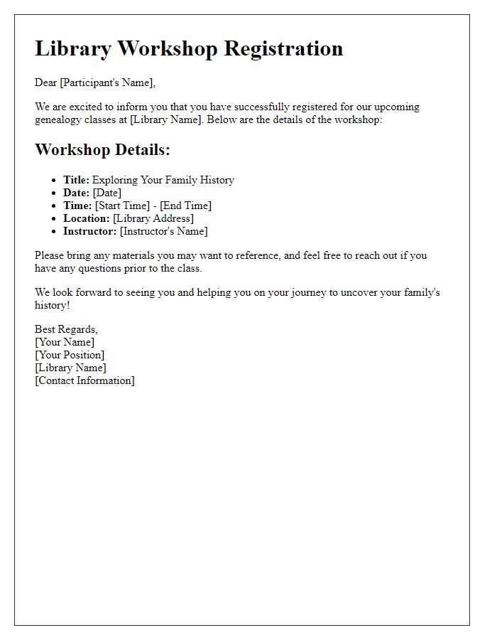 Letter template of library workshop registration for genealogy classes.