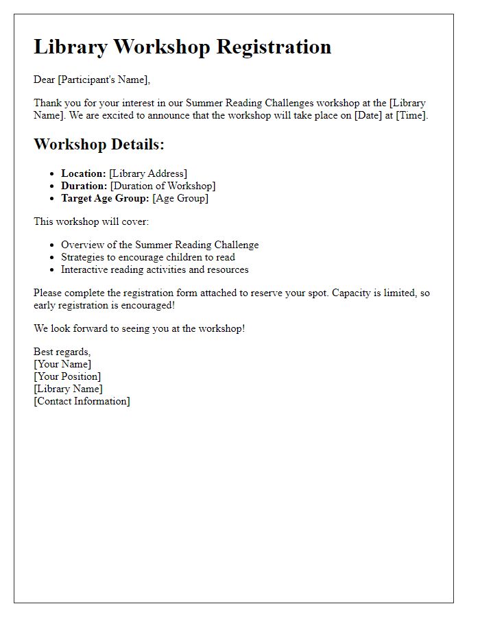 Letter template of library workshop registration for summer reading challenges.