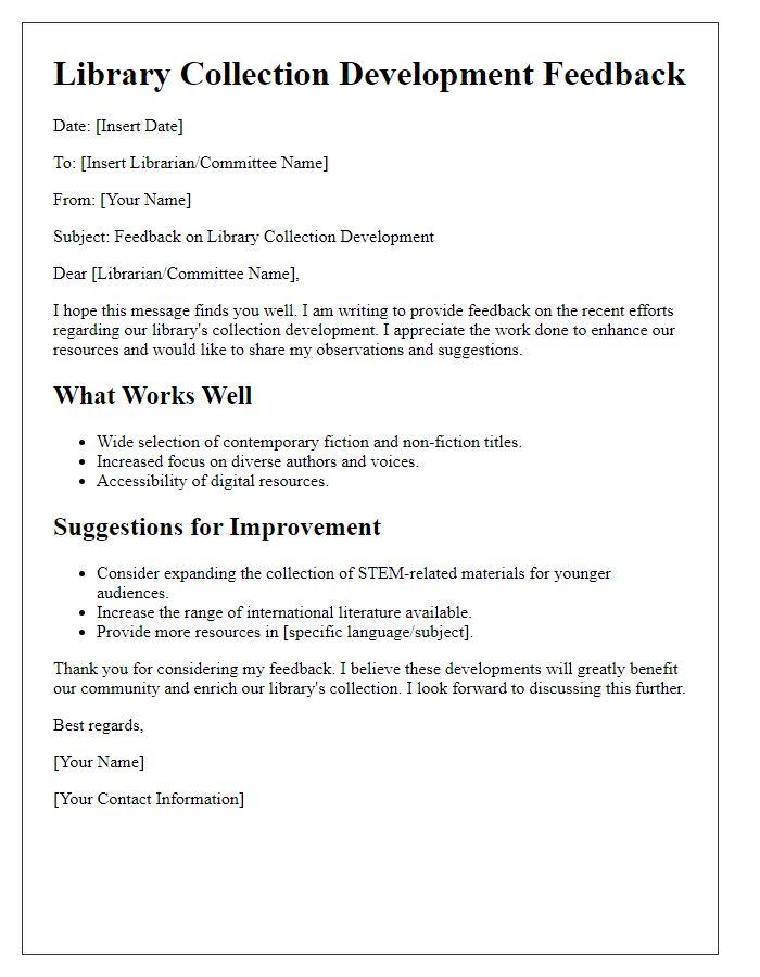 Letter template of library collection development feedback