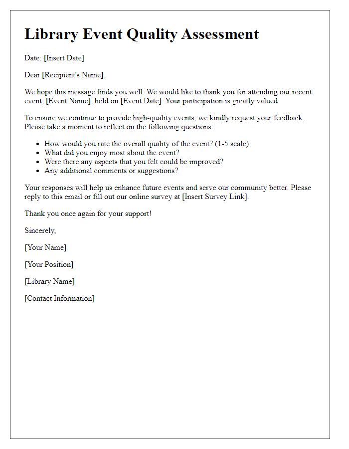 Letter template of library event quality assessment