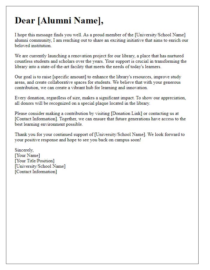 Letter template of alumni appeal for library renovation projects.