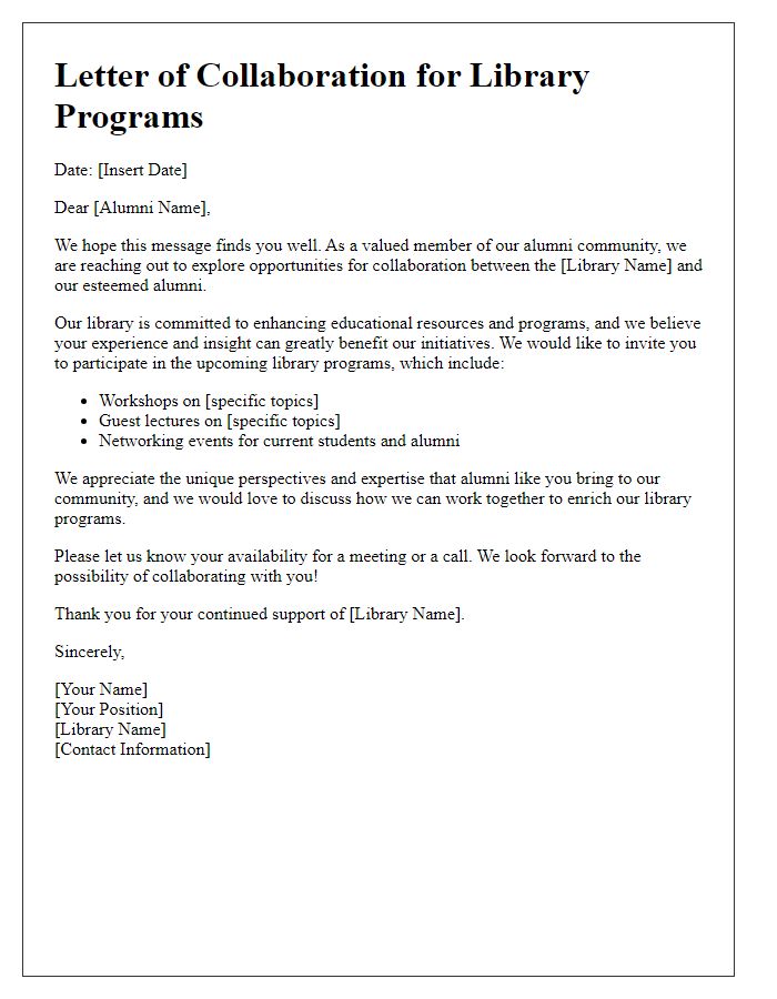 Letter template of alumni collaboration for library programs.