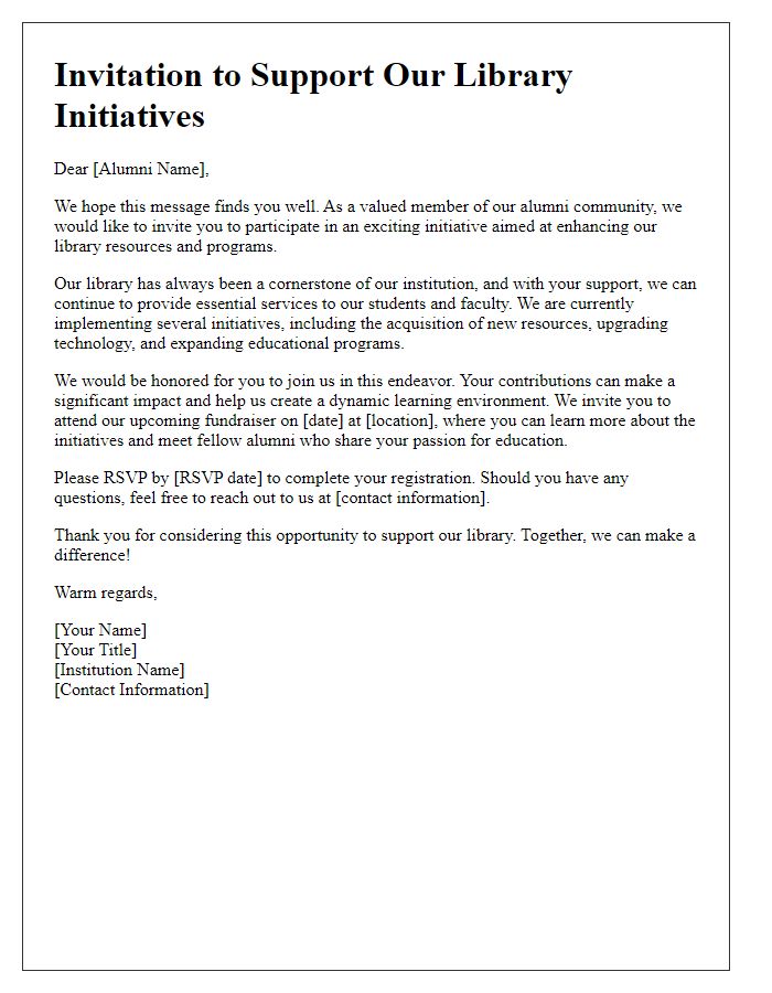 Letter template of alumni invitation to support library initiatives.