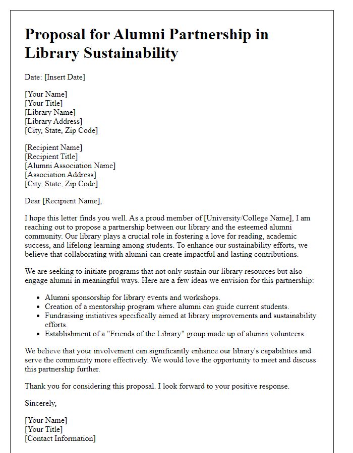 Letter template of alumni partnership proposal for library sustainability.