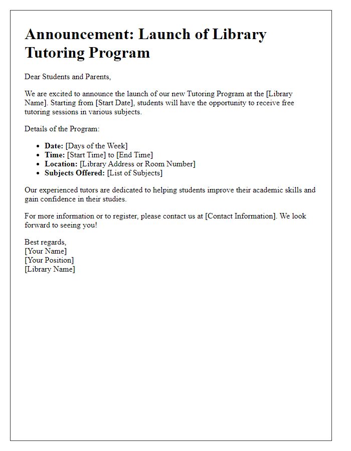 Letter template of announcement for library tutoring program launch