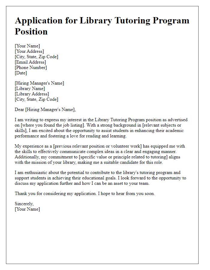 Letter template of application for library tutoring program position