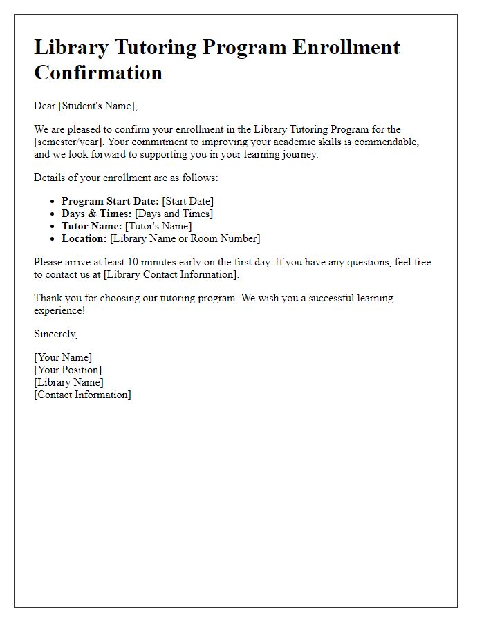 Letter template of confirmation for library tutoring program enrollment