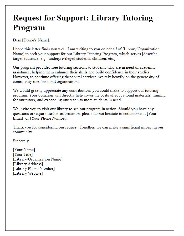 Letter template of donation request for library tutoring program support