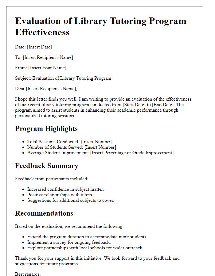 Letter template of evaluation for library tutoring program effectiveness