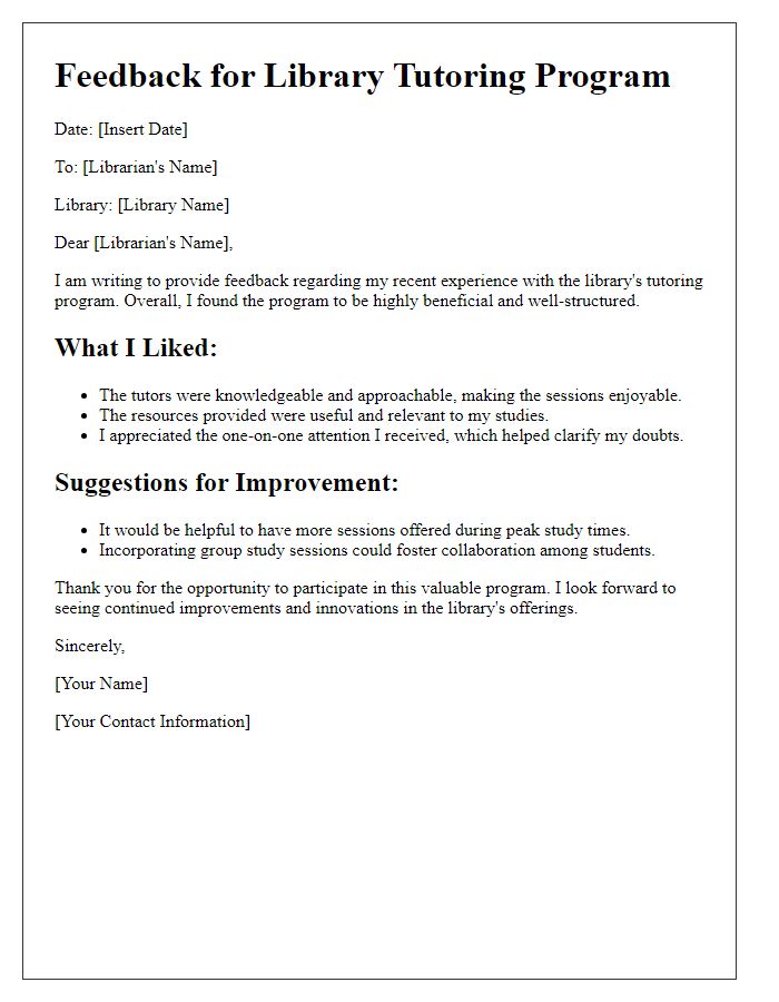 Letter template of feedback for library tutoring program experience