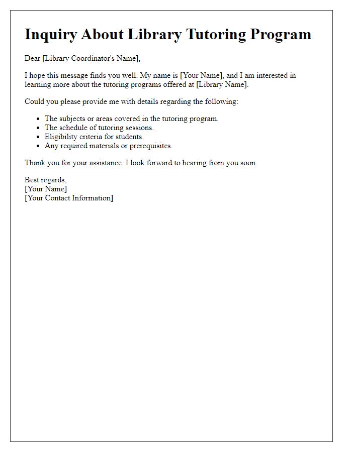 Letter template of inquiry about library tutoring program details