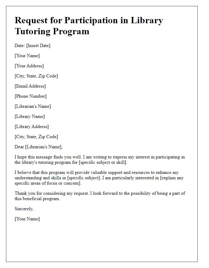 Letter template of request for library tutoring program participation