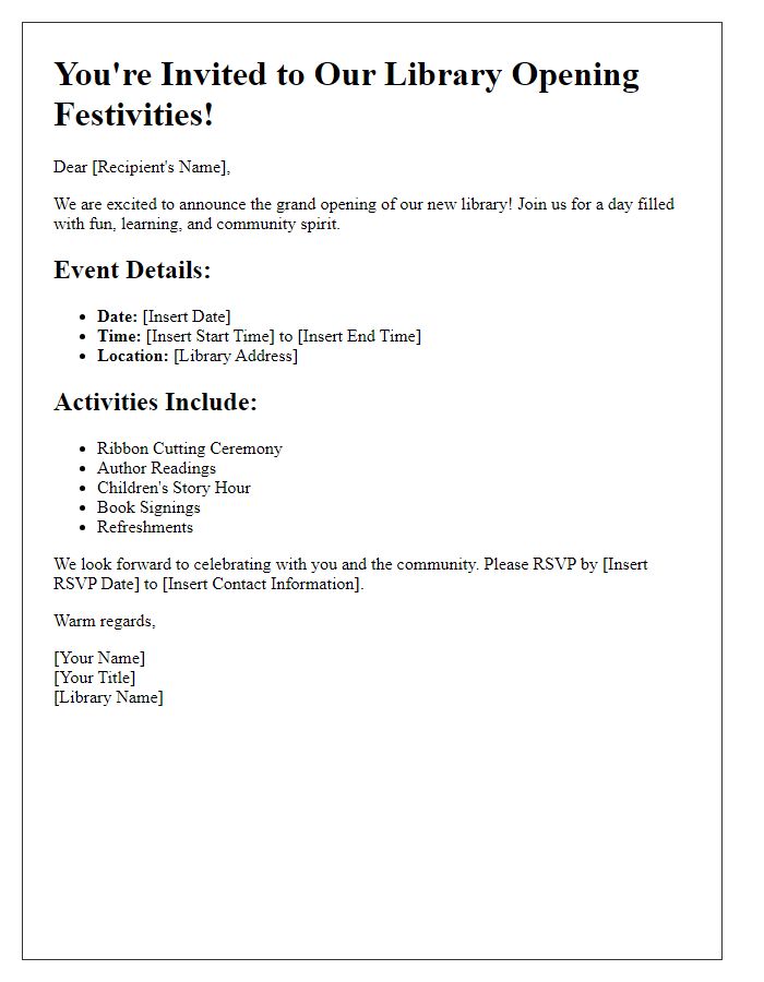 Letter template of event details for library opening festivities