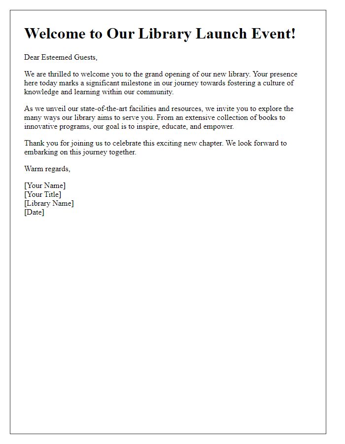 Letter template of welcome note for library launch event