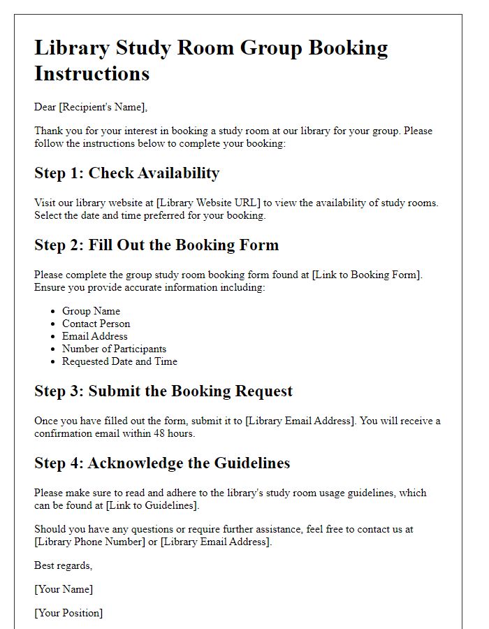 Letter template of library study room group booking instructions.