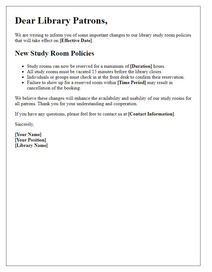 Letter template of library study room policy changes.