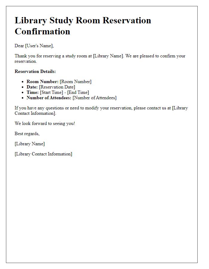 Letter template of library study room reservation confirmation.