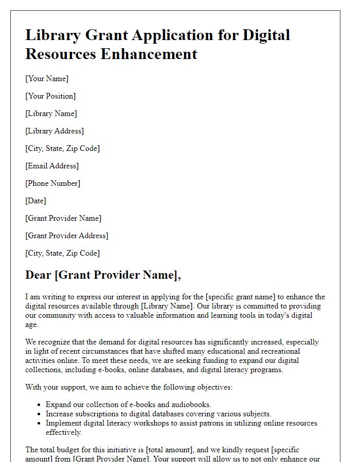 Letter template of library grant application for digital resources enhancement.