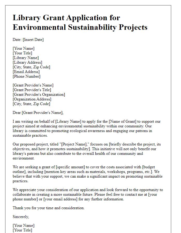 Letter template of library grant application for environmental sustainability projects.