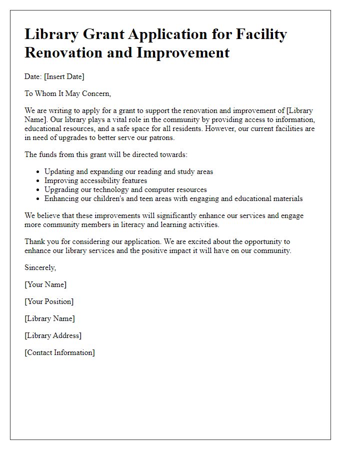 Letter template of library grant application for facility renovation and improvement.