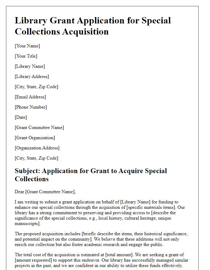 Letter template of library grant application for special collections acquisition.