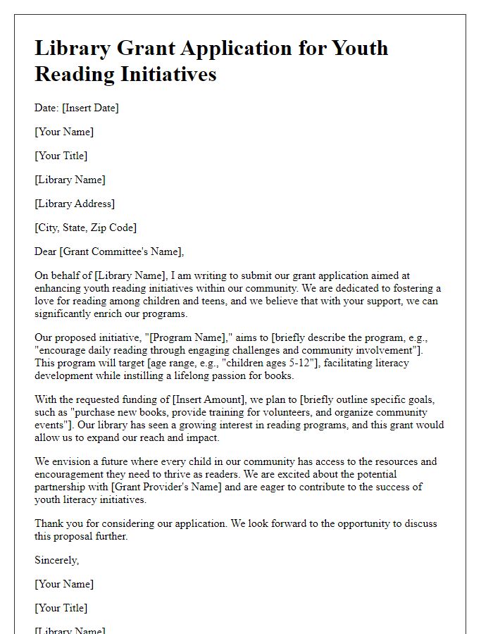 Letter template of library grant application for youth reading initiatives.