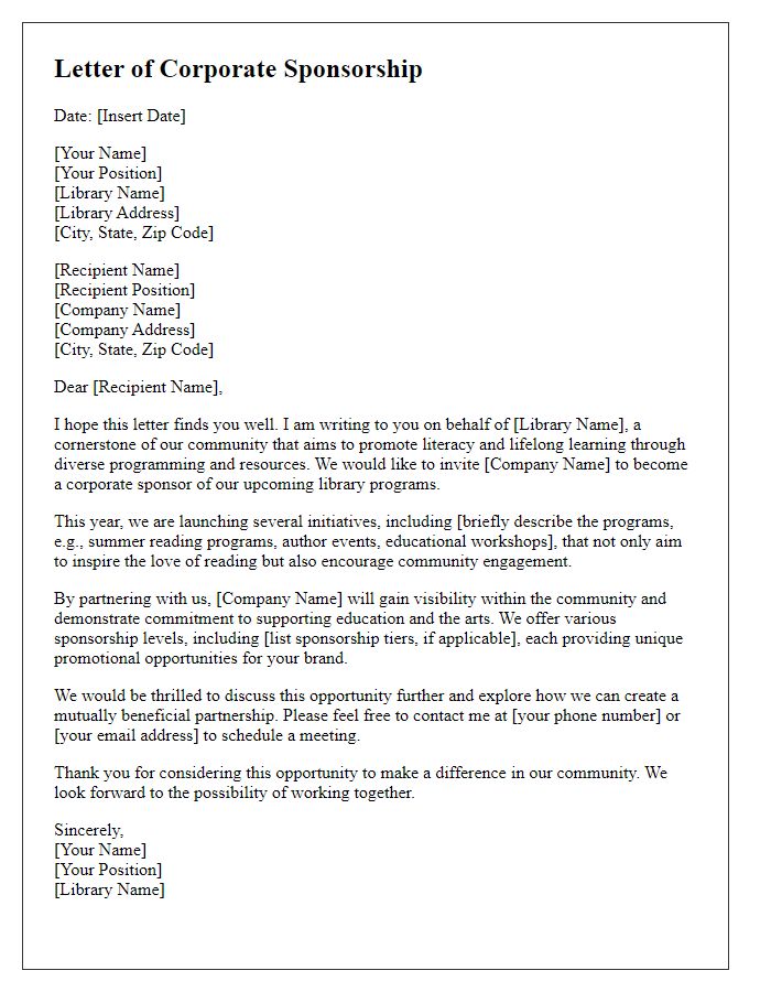 Letter template of Corporate Sponsorship for Library Programs