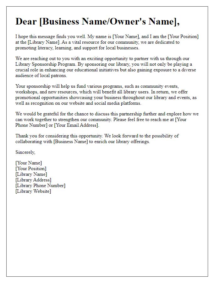 Letter template of Local Business Library Sponsorship Appeal