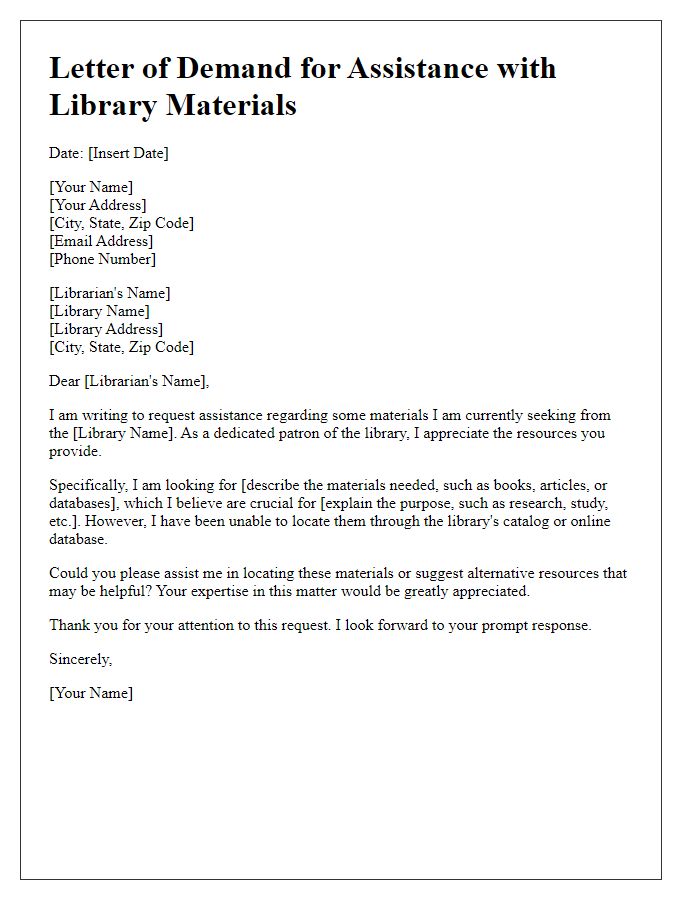 Letter template of demand for assistance with library materials