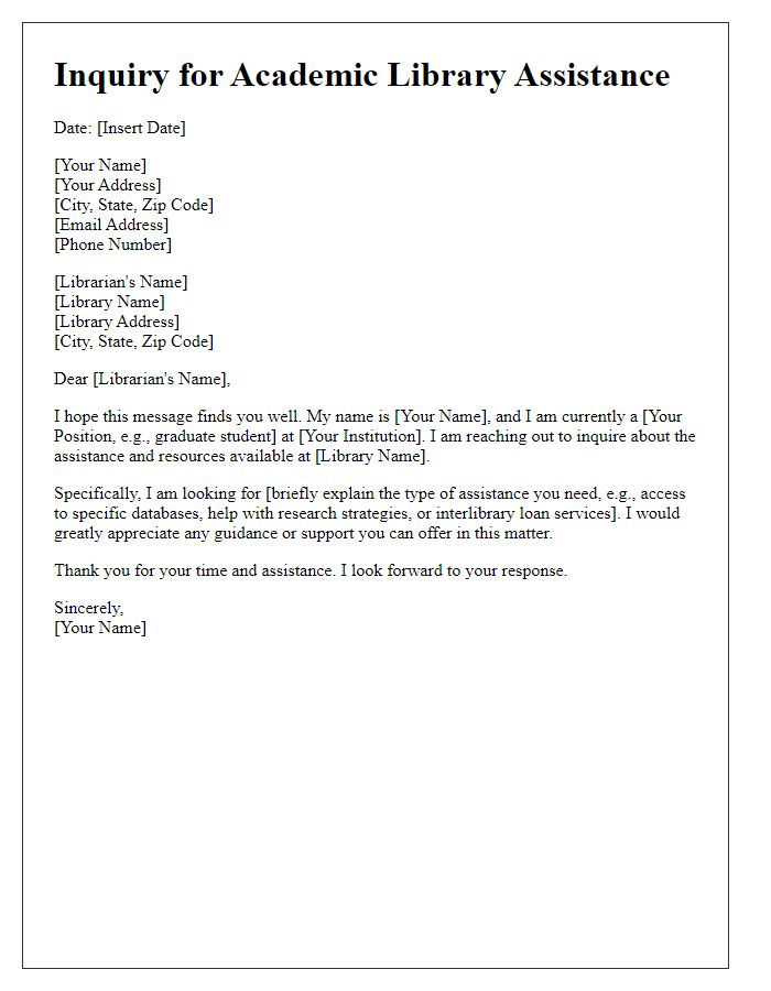 Letter template of inquiry for academic library assistance