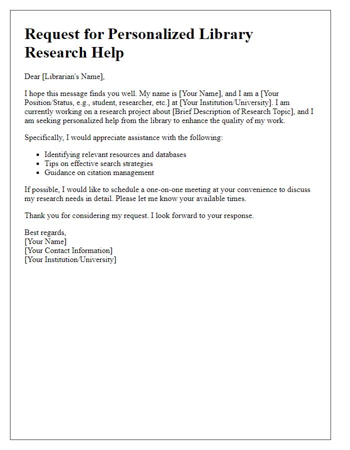 Letter template of request for personalized library research help