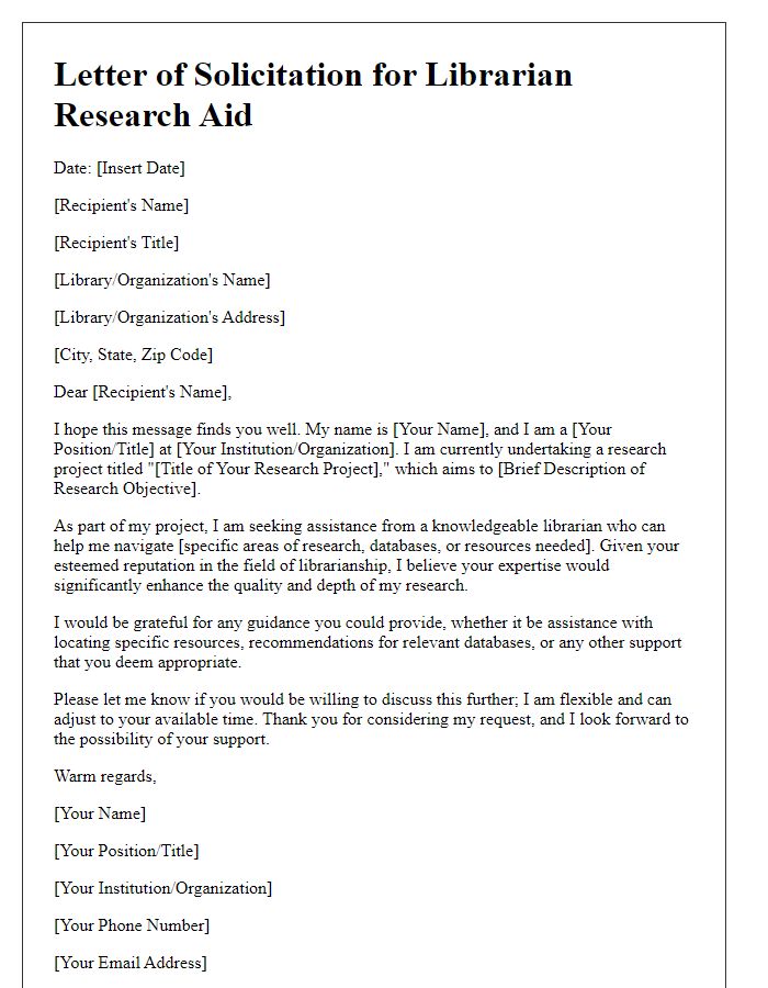 Letter template of solicitation for librarian research aid