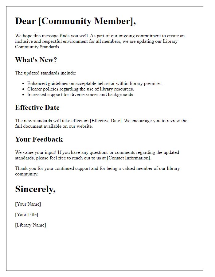 Letter template of library community standards update
