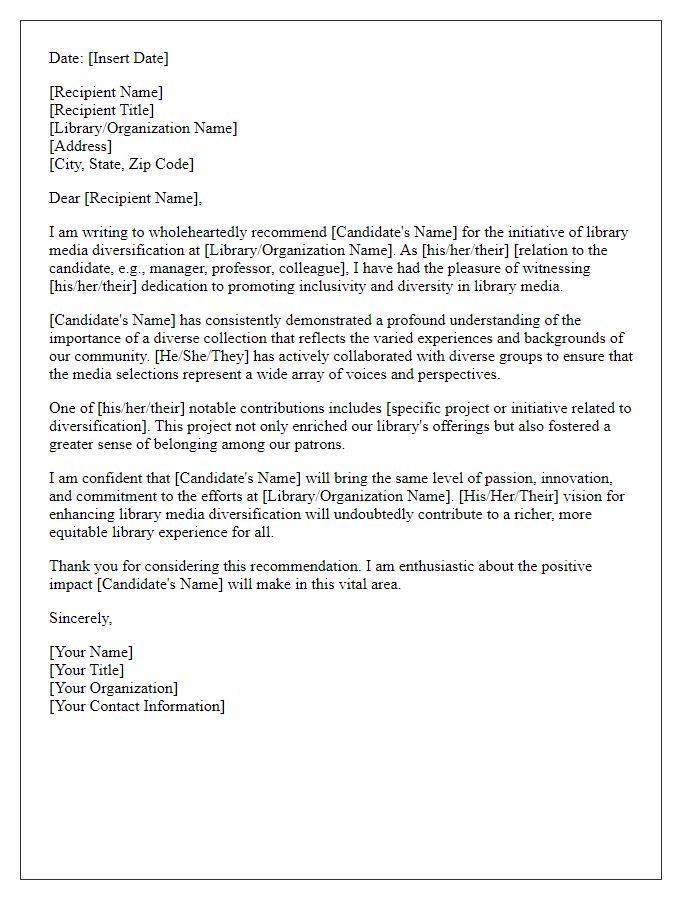 Letter template of recommendation for library media diversification