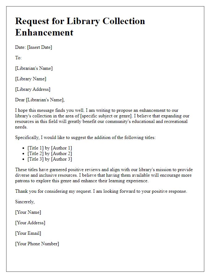 Letter template of request for library collection enhancement